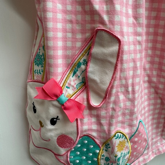 Rare Editions 2T Girls Pink Gingham Easter Bunny Short Sleeve Blouse Teal Bow - Picture 2 of 6